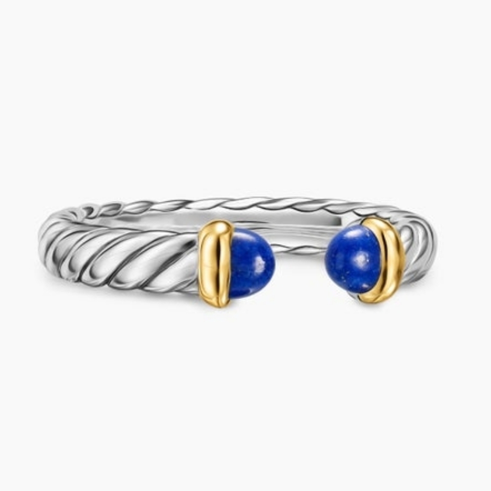 David Yurman Petite Cable Open Ring – Sterling Silver & 14K Gold, Lapis | Size 7